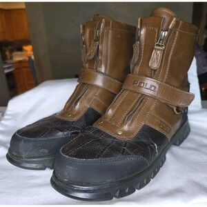 Mens Polo Ralph Lauren Dual Zip Adjustable Strap Black/Brown Boots! Size 11